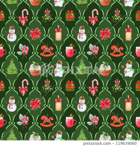 Christmas time festive decor seamless pattern. Hand drawn fir tree, mistletoe, snowman, winter sweets and treats. Winter season vintage style bright decor tile ornament seamless pattern design Christmas time festive decor seamless pattern. Hand drawn fir tree, mistletoe, snowman, winter sweets and treats. Winter season vintage style bright decor tile ornament seamless pattern design 119639060