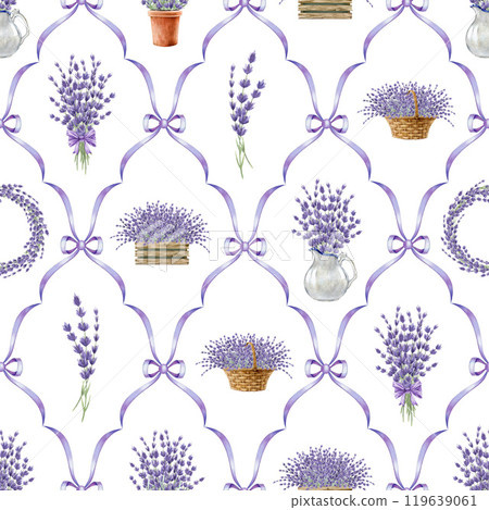 Lavender flower decor elegant seamless pattern. Watercolor vintage style illustration. Hand drawn lavandula bouquet, arrangement, wreath elements. Lavender flowers rustic style seamless ornament 119639061