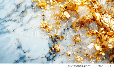 A close-up of natural gold nuggets on a marble background, showcasing the precious metal's shimmering beauty and luxury appeal. A close-up of natural gold nuggets on a marble background, showcasing the precious metal's shimmering beauty and luxury appeal. 119639093