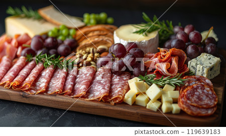 Wooden Platter with Salami, Prosciutto, Gouda, Cheddar, Grapes, Mixed Nuts, and Crusty Bread 119639183