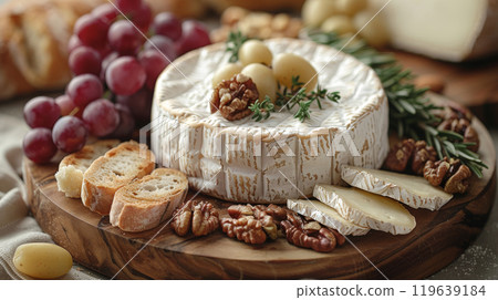 French Cheese Board with Brie, Camembert, and Roquefort, Served with Grapes, Walnuts, and Baguette Slices on a Rustic Wooden Board 119639184