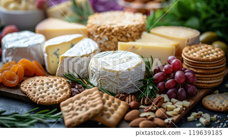 Aussie-Themed Board with Tasmanian Brie, Warrnambool Cheddar, Macadamia Nuts, Dried Apricots, Anzac Biscuits, and Crackers 119639185