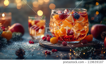 Festive Party Table with a Large Bowl of Fruit Punch and Glasses Filled with Colorful Punch, Garnished with Fruit Slices 119639187