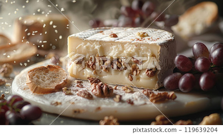 Single Slice of Camembert Cheese with Grapes, Walnuts, and Baguette Levitating Against a Soft, Neutral Background Single Slice of Camembert Cheese with Grapes, Walnuts, and Baguette Levitating Against a Soft, Neutral Background 119639204