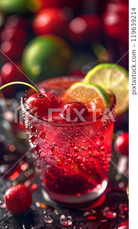 Close-up of Cherry Limeade Juice with Lime Wedges and Cherries Close-up of Cherry Limeade Juice with Lime Wedges and Cherries 119639214