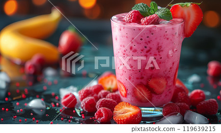 Close-up of a Fruit Smoothie with Banana, Strawberry, and Raspberry Close-up of a Fruit Smoothie with Banana, Strawberry, and Raspberry 119639215