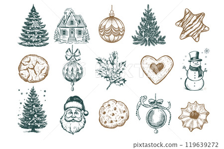 Christmas cookie, tree, ball, set on white, Hand drawn illustration Christmas cookie, tree, ball, set on white, Hand drawn illustration 119639272