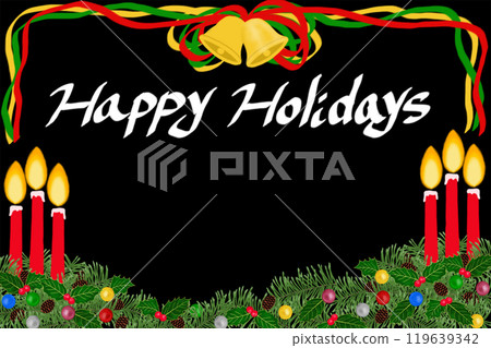 Christmas card with candles, fir branches, bells and ribbons on a black background Christmas card with candles, fir branches, bells and ribbons on a black background 119639342