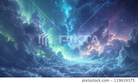 Sky with wispy clouds illuminated by the Aurora Borealis, featuring greens, blues, and purples Sky with wispy clouds illuminated by the Aurora Borealis, featuring greens, blues, and purples 119639375
