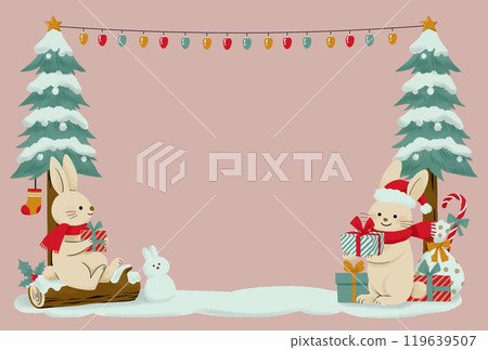 Hand-drawn frame of Santa's forest rabbits enjoying Christmas_with background Hand-drawn frame of Santa's forest rabbits enjoying Christmas_with background 119639507