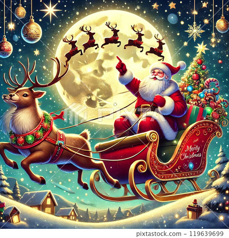 聖誕老人乘坐馴鹿拉的雪橇飛過夜空 119639699