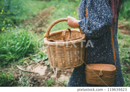 一個女人拿著採花籃採花 119639823