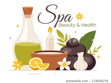 Illustration of Spa Beauty and Health featuring Natural Cosmetics and Eco Friendly Products for Problematic Skin or Facial Treatments in a Women 119640256
