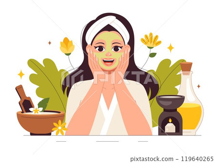 Illustration of Spa Beauty and Health featuring Natural Cosmetics and Eco Friendly Products for Problematic Skin or Facial Treatments in a Women Illustration of Spa Beauty and Health featuring Natural Cosmetics and Eco Friendly Products for Problematic Skin or Facial Treatments in a Women 119640265