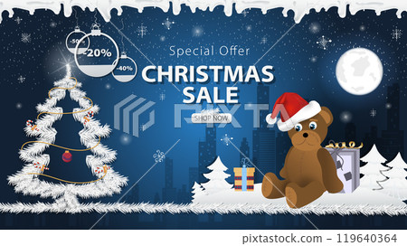 Banner special offer Christmas sale a bear toy in a Santa Claus hat next to a festive fir tree in the snow 119640364