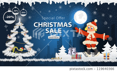 Banner special offer Christmas sale A girl in a Santa Claus costume skating next to a festive fir tree in the snow 119640366