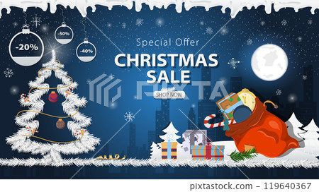 Banner special offer Christmas sale a large bag of Santa Claus gifts next to a festive fir tree in the snow 119640367