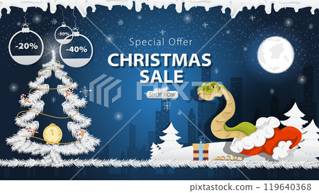 Banner special offer Christmas sale A snake crawls out of Santas hat next to a festive fir tree in the snow Banner special offer Christmas sale A snake crawls out of Santas hat next to a festive fir tree in the snow 119640368