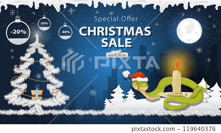 Banner special offer Christmas sale A snake in a Santa hat Wraps around a candle next to a festive fir tree in the snow 119640376