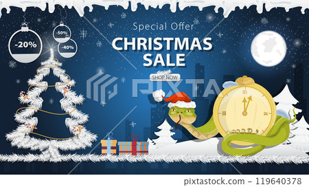 Banner special offer Christmas sale A snake in a Santa hat Wraps around a clock next to a festive fir tree in the snow 119640378
