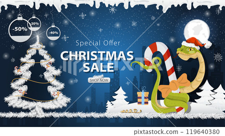 Banner special offer Christmas sale A snake in a Santa hat Wraps around a festive candy next to a festive fir tree in the snow Banner special offer Christmas sale A snake in a Santa hat Wraps around a festive candy next to a festive fir tree in the snow 119640380