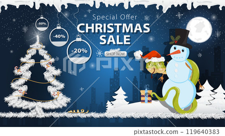 Banner special offer Christmas sale A snake in a Santa hat Wraps around a snowman next to a festive fir tree in the snow 119640383