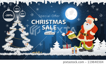 Banner special offer Christmas sale A snake in a Santa hat Wraps around Santa Claus next to a festive fir tree in the snow 119640384