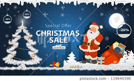 Banner special offer Christmas sale Santa Claus with a large bag of gifts next to a festive fir tree in the snow 119640390