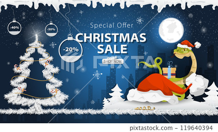 Banner special offer Christmas sale Snake behind Santas big hat next to a festive fir tree in the snow 119640394