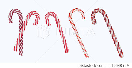 Hand Drawn Watercolor Christmas Candy Cane Illustration with Red and Green Stripes and Festive Bows 119640529