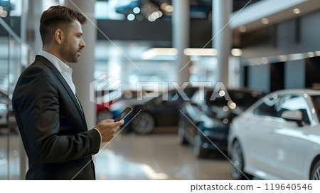 Salesman in elegant suit with smartphone at car showroom. Professional salesperson in modern car dealership. Modern technology in auto dealership. 119640546
