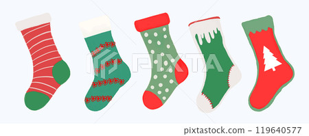 Cute Watercolor Christmas Stocking Illustration. Festive Holiday Sock Art for Seasonal Decor. Hand Drawn Cozy Christmas Stocking Design. 119640577