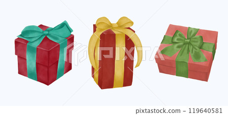 Cute Watercolor Christmas Gift Illustration. Festive Holiday Present Art for Seasonal Decor. Hand Drawn Adorable Christmas Gift Design 119640581