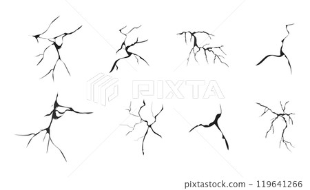 Cracked glass, wall, egg, fissures in ground top view. Set concrete, crevices from disaster, surface from earthquake, Ruined breaked land surface doodle, hand drawn 119641266