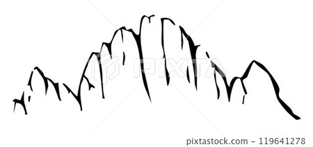 Mountain ridge, snowy peak, line wild nature. Hand drawn landscape, map line contour. Rocky mountains landscape design, icon. Mountain ridge, snowy peak, line wild nature. Hand drawn landscape, map line contour. Rocky mountains landscape design, icon. 119641278