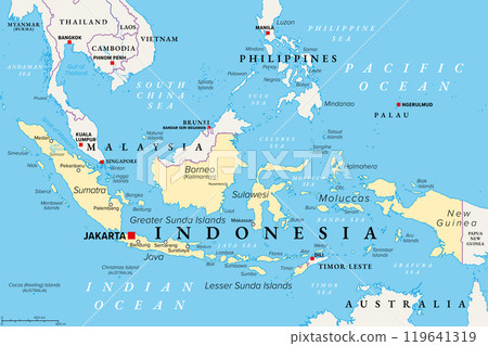 Indonesia, a country in Southeast Asia and Oceania, political map. Republic and archipelago with capital Jakarta, and the largest islands Sumatra, Java, Sulawesi, and parts of Borneo and New Guinea. 119641319