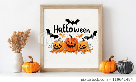 happy halloween text on blackboard with pumpkin 119641494