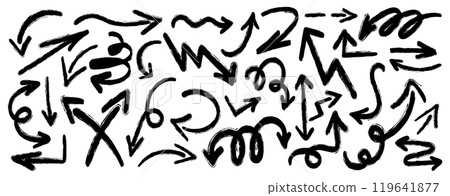 Collection of hand drawn arrow signs in different directions with a line. Set of different design elements with scribble texture. Black arrows showing directions. Vector illustration isolated 119641877