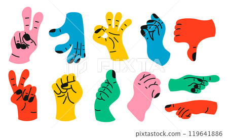 Collection of gesture signs from human hands. A set of fingers showing emotions and directions. gesture finger in flat design. communication expressions with hand sign in trendy style. vector icon Collection of gesture signs from human hands. A set of fingers showing emotions and directions. gesture finger in flat design. communication expressions with hand sign in trendy style. vector icon 119641886