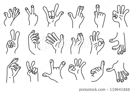 Collection of gesture signs from human hands. A set of fingers showing emotions. line gesture finger design elements. communication expressions with hand sign in doodle style. vector editable stroke 119641888