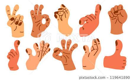 Collection of gesture signs from human hands. A set of fingers showing emotions and directions. gesture finger in flat design. communication expressions with hand sign in trendy style. vector icon Collection of gesture signs from human hands. A set of fingers showing emotions and directions. gesture finger in flat design. communication expressions with hand sign in trendy style. vector icon 119641890