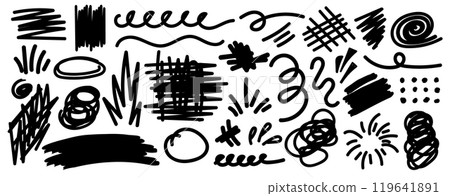 Collection of hand drawn doodles and squiggles for text highlighting sign. Set of design elements with texture of scribbles. Black line brush stroke. Simple cute vector swashes, strokes, note, diagram Collection of hand drawn doodles and squiggles for text highlighting sign. Set of design elements with texture of scribbles. Black line brush stroke. Simple cute vector swashes, strokes, note, diagram 119641891
