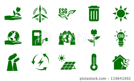 Icon collection with zero emissions esg symbol concept. greenhouse gas carbon credit design set. protect ecological green vector glyph. carbon net zero neutral natural. carbon footprint art pictogram 119641892