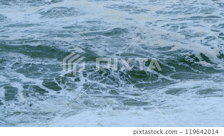 Stormy Weather On Sea. Crashing Waves With Foamy White Texture. Static. 119642014