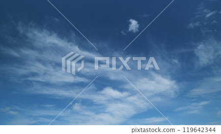 Cloud nature background. Blue sky with cirrus clouds and sun. Nature background of airy cloudscape. 119642344