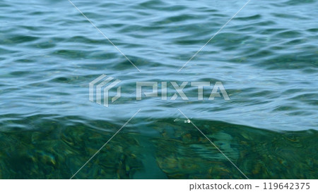 Pebble Beach And Salt Water. Nature Composition. Beach Stones And Sea Water Glittering In Sunlight. Still. 119642375