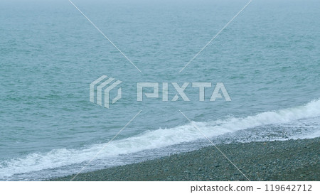 Sandy Coastline. Backlit Colorful Blue Turquoise Waves. Beautiful Relaxing View On Vacation. Slow motion. 119642712