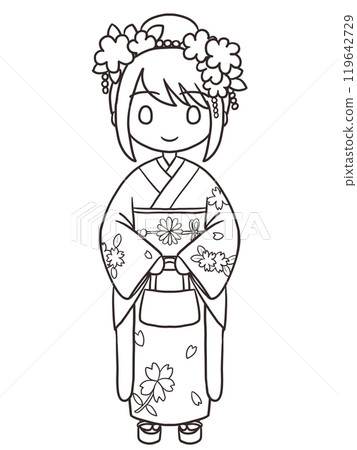 穿著和服的女人的線條畫 穿著和服的女人的線條畫 119642729