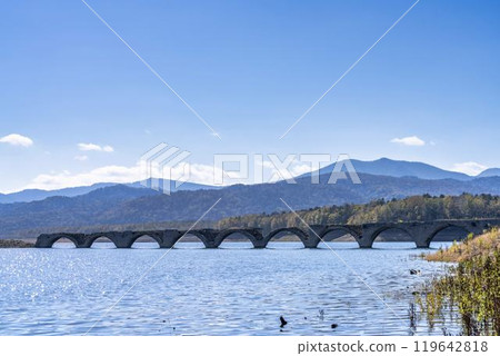 Taushubetsu River Bridge on the former Shihoro Line of the Japanese National Railways on a clear autumn day in Kamishihoro, Hokkaido 119642818