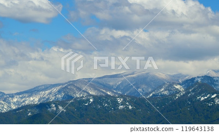 Panorama Of The Snow-Capped Mountains At Day. Snowy Mountain Peaks, Winter Landscape. Timelapse. Panorama Of The Snow-Capped Mountains At Day. Snowy Mountain Peaks, Winter Landscape. Timelapse. 119643138